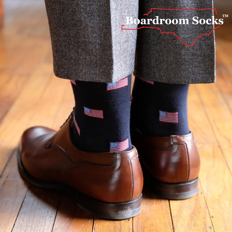 BoardroomSocks Merino Wool Mid-Calf Patterned Socks, Dress Socks for Men, Navy With American Flags - Image 5